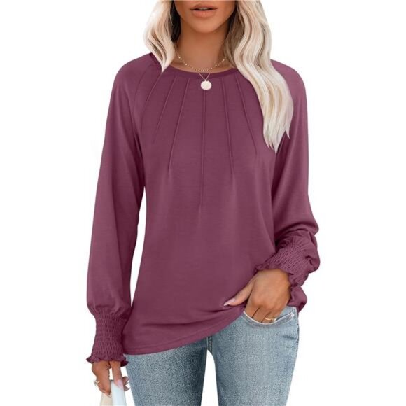 Women's Tops Dressy Long Sleeve Pleated Shirts Crewneck Loose Basic T-Shirt - Picture 1 of 7